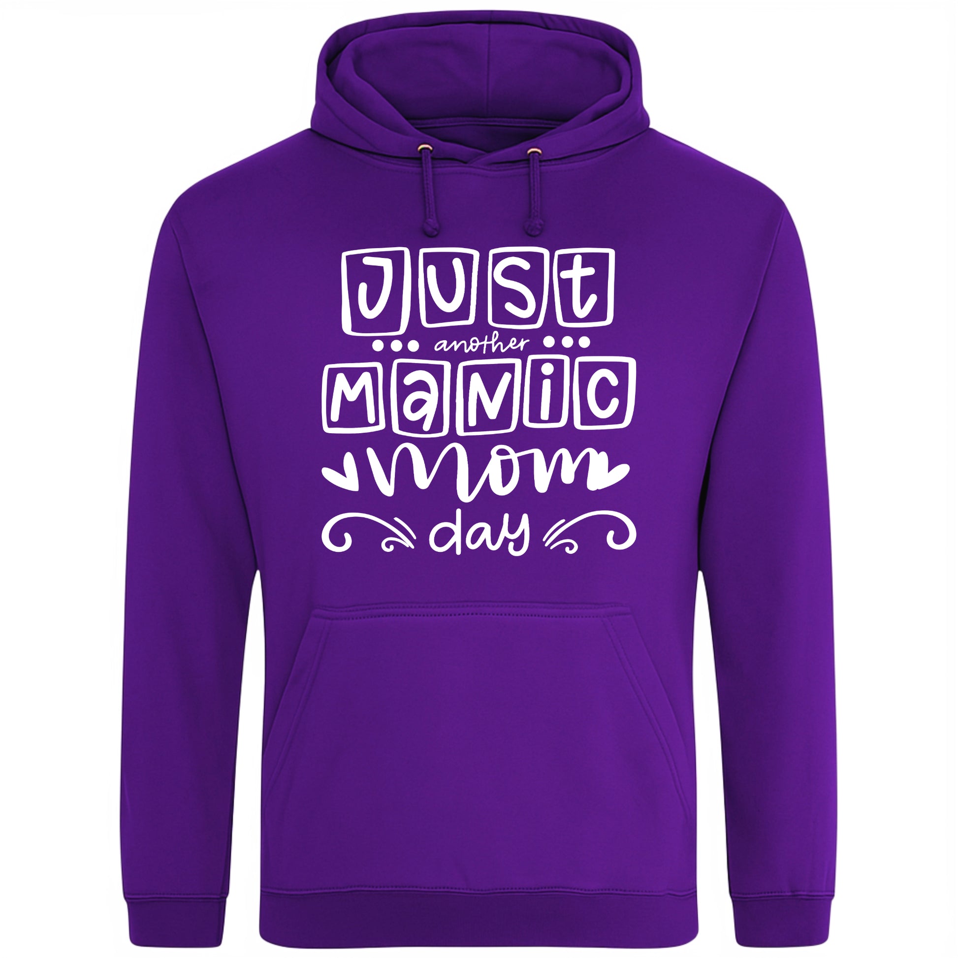 A purple hoodie with 'Just Another Manic Mom Day' printed on the front, styled for casual everyday wear, perfect for moms balancing busy lives.