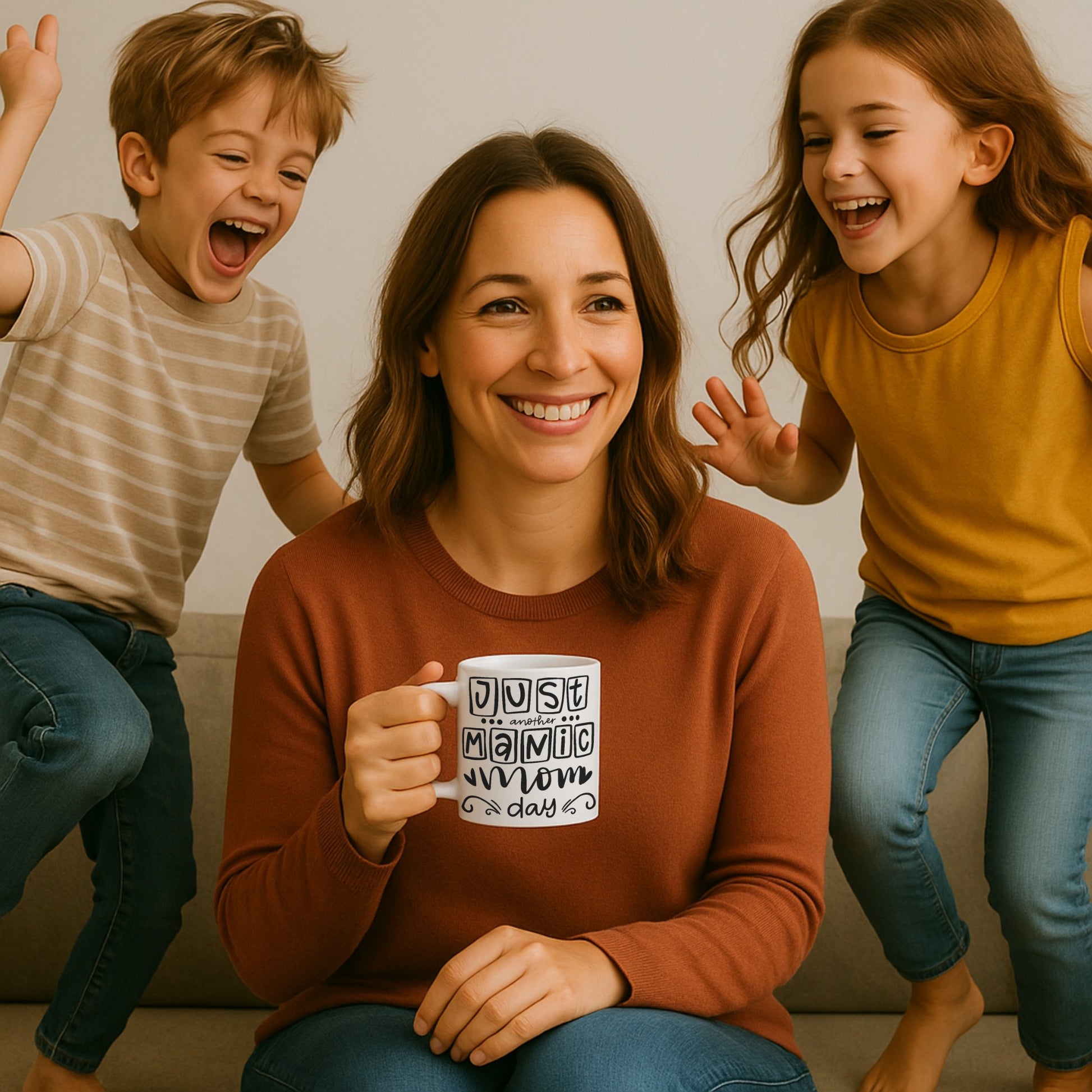 Woman holding a playful and humorous ceramic mug for moms, featuring a bold text design text reads just another manic mom day