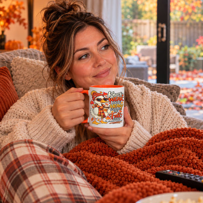 Woman enjoying a Knees Weak Arms Are Heavy funny autumn goose mug at home with cosy blankets and colourful fall décor.