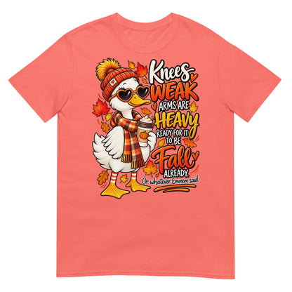 Coral Silk Colour Knees Weak Arms Are Heavy funny autumn goose T-shirt featuring a colourful goose in a scarf and hat with fall leaves and cosy season artwork
