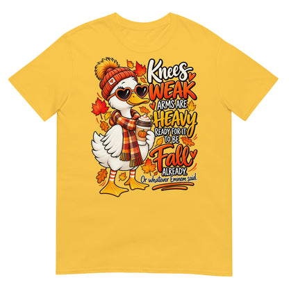 Daisy colour Knees Weak Arms Are Heavy funny autumn goose T-shirt featuring a colourful goose in a scarf and hat with fall leaves and cosy season artwork.