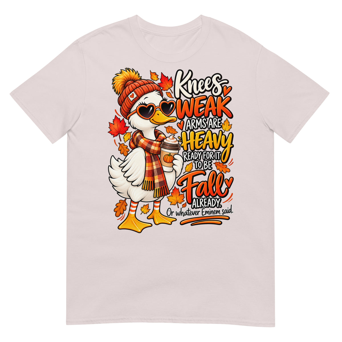 Ice grey colour Knees Weak Arms Are Heavy funny autumn goose T-shirt featuring a colourful goose in a scarf and hat with fall leaves and cosy season artwork.