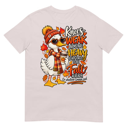 Ice grey colour Knees Weak Arms Are Heavy funny autumn goose T-shirt featuring a colourful goose in a scarf and hat with fall leaves and cosy season artwork.