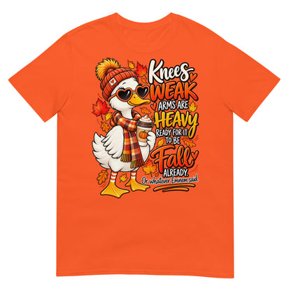 Orange Knees Weak Arms Are Heavy funny autumn goose T-shirt featuring a colourful goose in a scarf and hat with fall leaves and cosy season artwork.