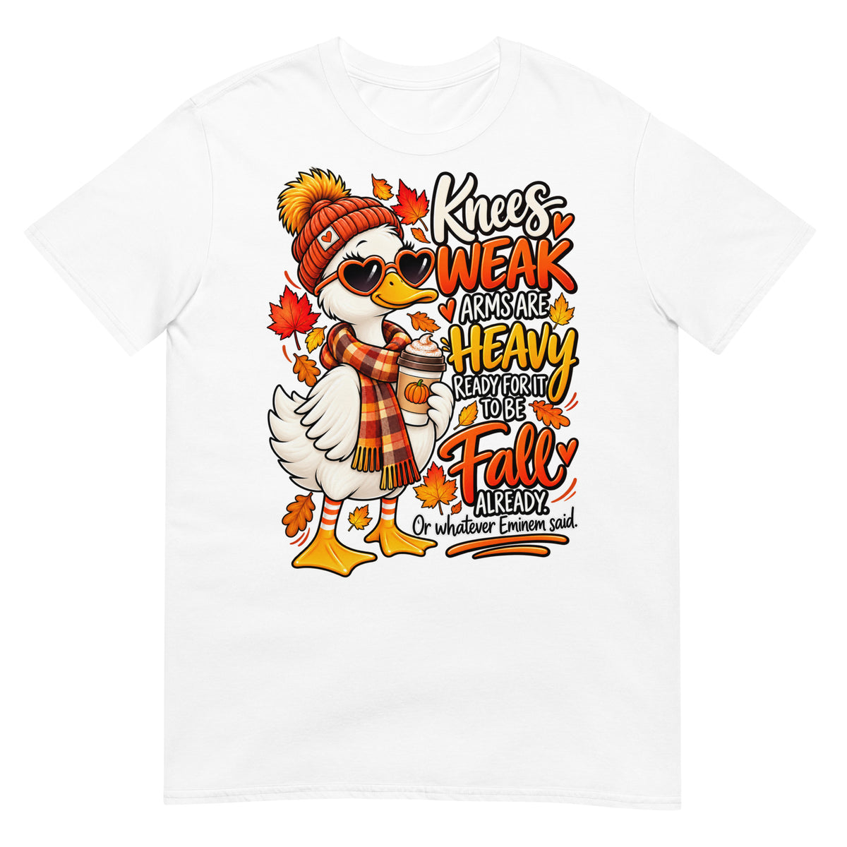 White Knees Weak Arms Are Heavy funny autumn goose T-shirt featuring a colourful goose in a scarf and hat with fall leaves and cosy season artwork.