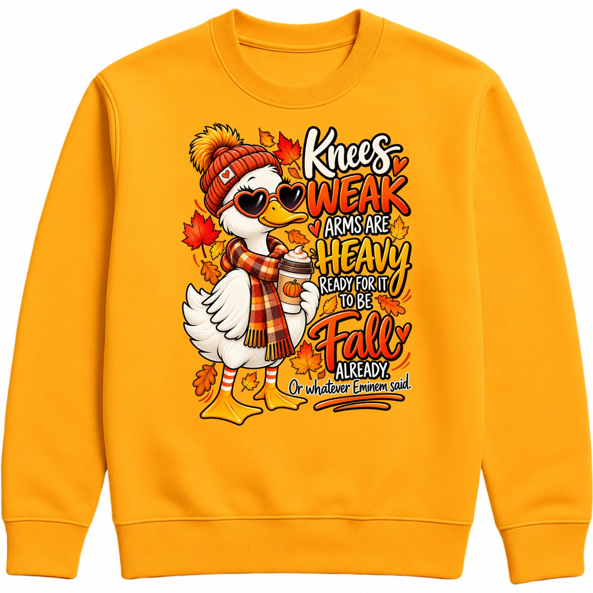 gold Funny fall goose sweatshirt featuring a cute autumn goose in a bobble hat and scarf with pumpkin drink, colourful leaves and Knees Weak Arms Are Heavy artwork.