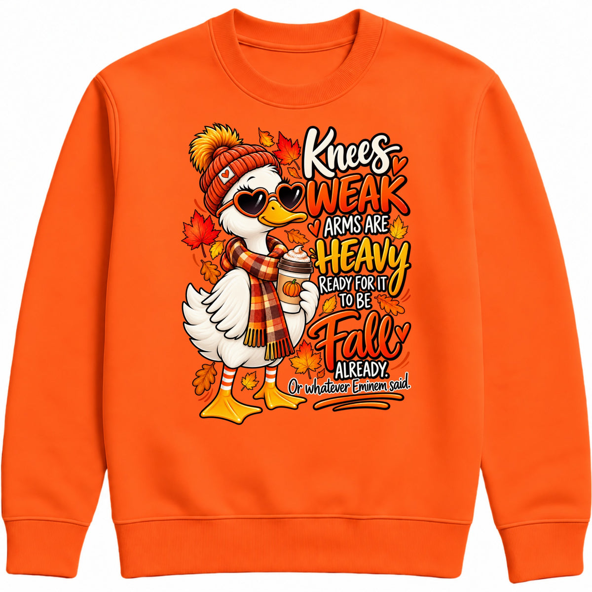 Orange Funny fall goose sweatshirt featuring a cute autumn goose in a bobble hat and scarf with pumpkin drink, colourful leaves and Knees Weak Arms Are Heavy artwork.