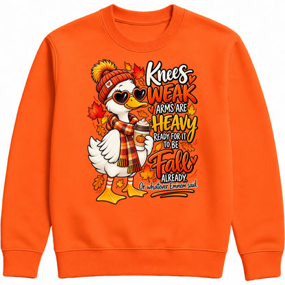 Orange Funny fall goose sweatshirt featuring a cute autumn goose in a bobble hat and scarf with pumpkin drink, colourful leaves and Knees Weak Arms Are Heavy artwork.