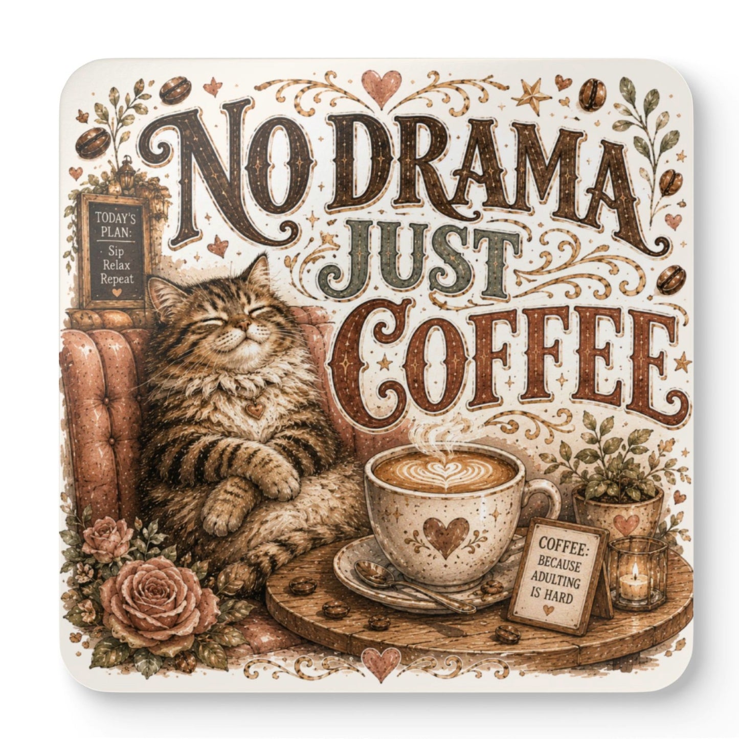 Lazy Coffee Cats coaster featuring a relaxed tabby cat with the quote "No Drama Just Coffee" beside a cosy cup of coffee on a cork backed coaster.