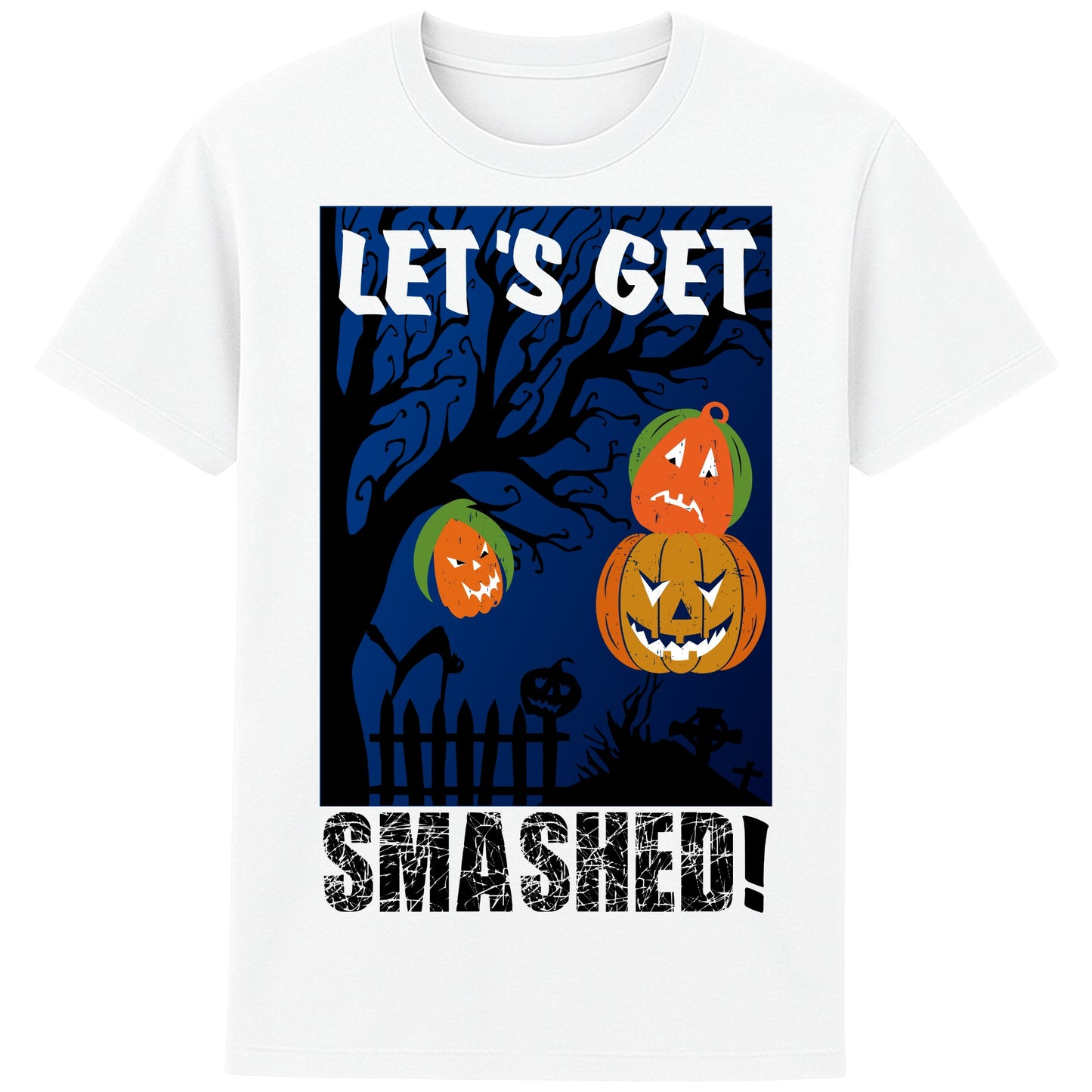 White Let's Get Smashed Halloween T-shirt featuring stacked jack o' lantern pumpkins with a spooky graveyard design, a funny Halloween drinking tee perfect for Halloween parties, bar crawls, and spooky season.