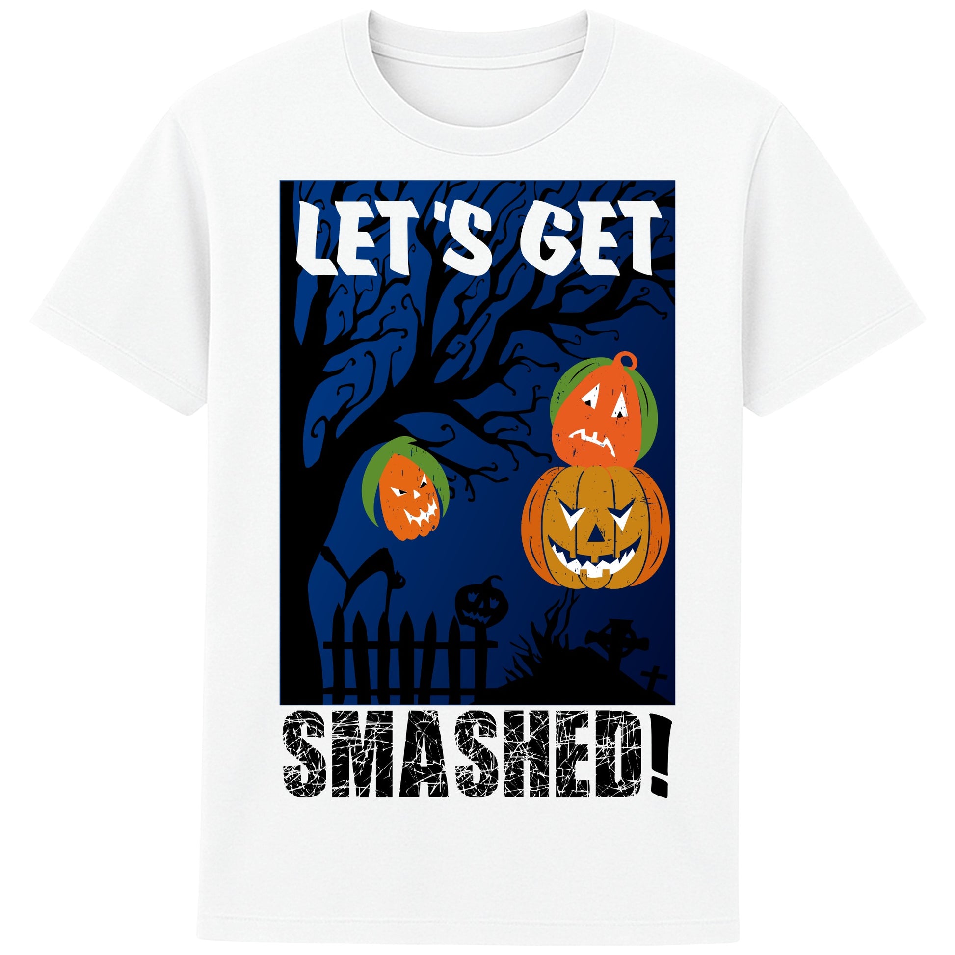White Let's Get Smashed Halloween T-shirt featuring stacked jack o' lantern pumpkins with a spooky graveyard design, a funny Halloween drinking tee perfect for Halloween parties, bar crawls, and spooky season.