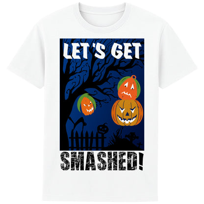 White Let's Get Smashed Halloween T-shirt featuring stacked jack o' lantern pumpkins with a spooky graveyard design, a funny Halloween drinking tee perfect for Halloween parties, bar crawls, and spooky season.