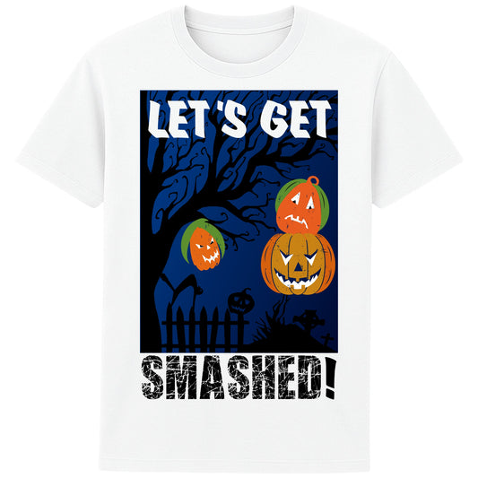 “White Halloween graphic tee with playful jack-o’-lantern design and bold ‘Let’s Get Smashed’ text — the perfect spooky party shirt for fall nights