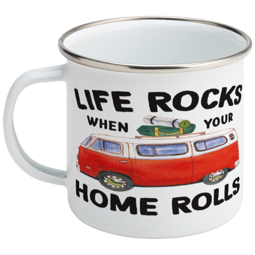 Life Rocks When Your Home Rolls outdoor enamel mug featuring a vintage red camper van loaded with camping gear, perfect for camping, hiking, campervan adventures, picnics, and outdoor coffee breaks.