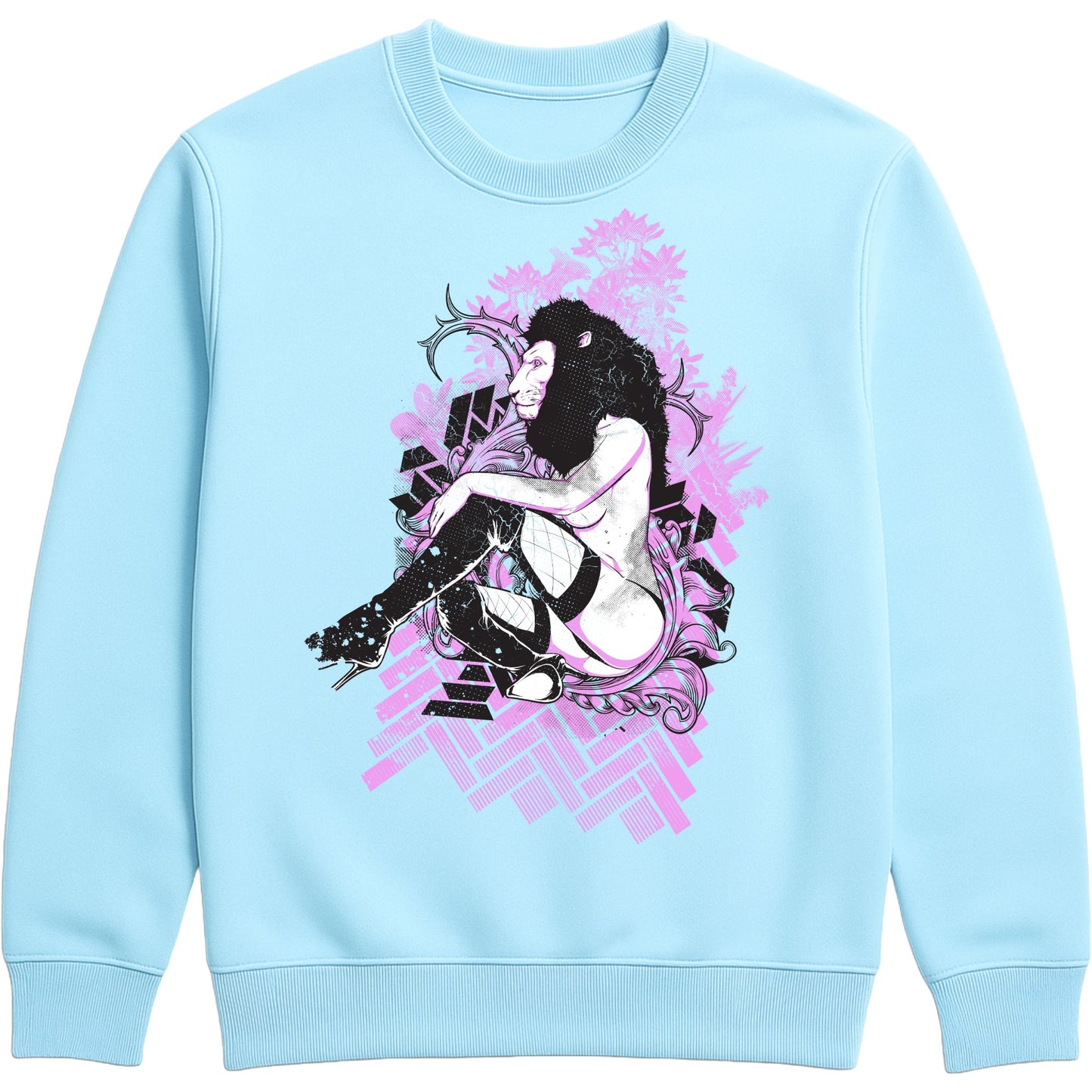 Lioness Fantasy Graphic Sweatshirt featuring bold lioness artwork, fantasy art illustration, pink streetwear design, and alternative fashion on a sky blue unisex sweatshirt.