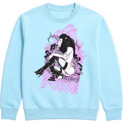 Lioness Fantasy Graphic Sweatshirt featuring bold lioness artwork, fantasy art illustration, pink streetwear design, and alternative fashion on a sky blue unisex sweatshirt.