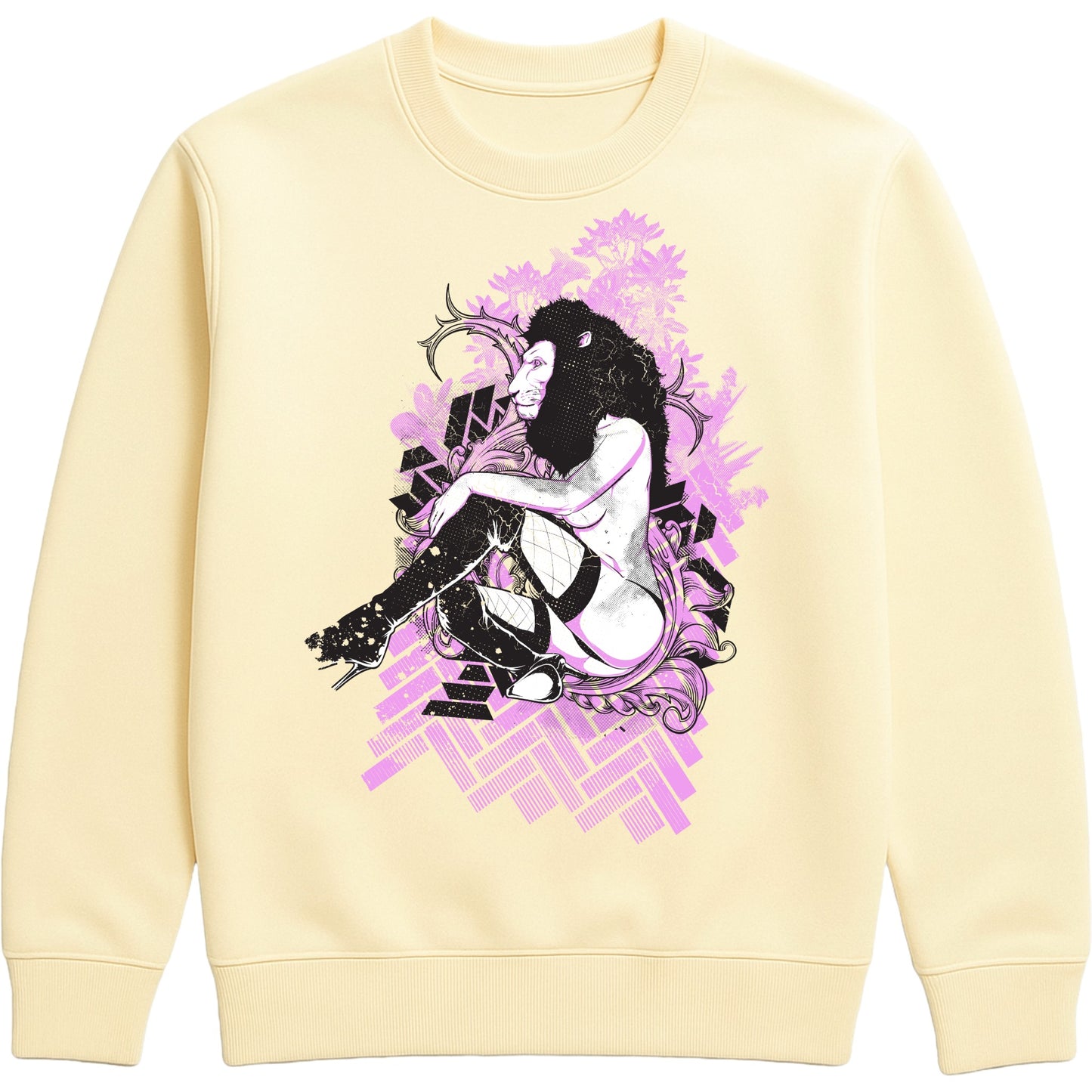 Lioness Fantasy Graphic Sweatshirt featuring bold lioness artwork, fantasy art illustration, pink streetwear design, and alternative fashion on a vanilla milkshake colour unisex sweatshirt. 