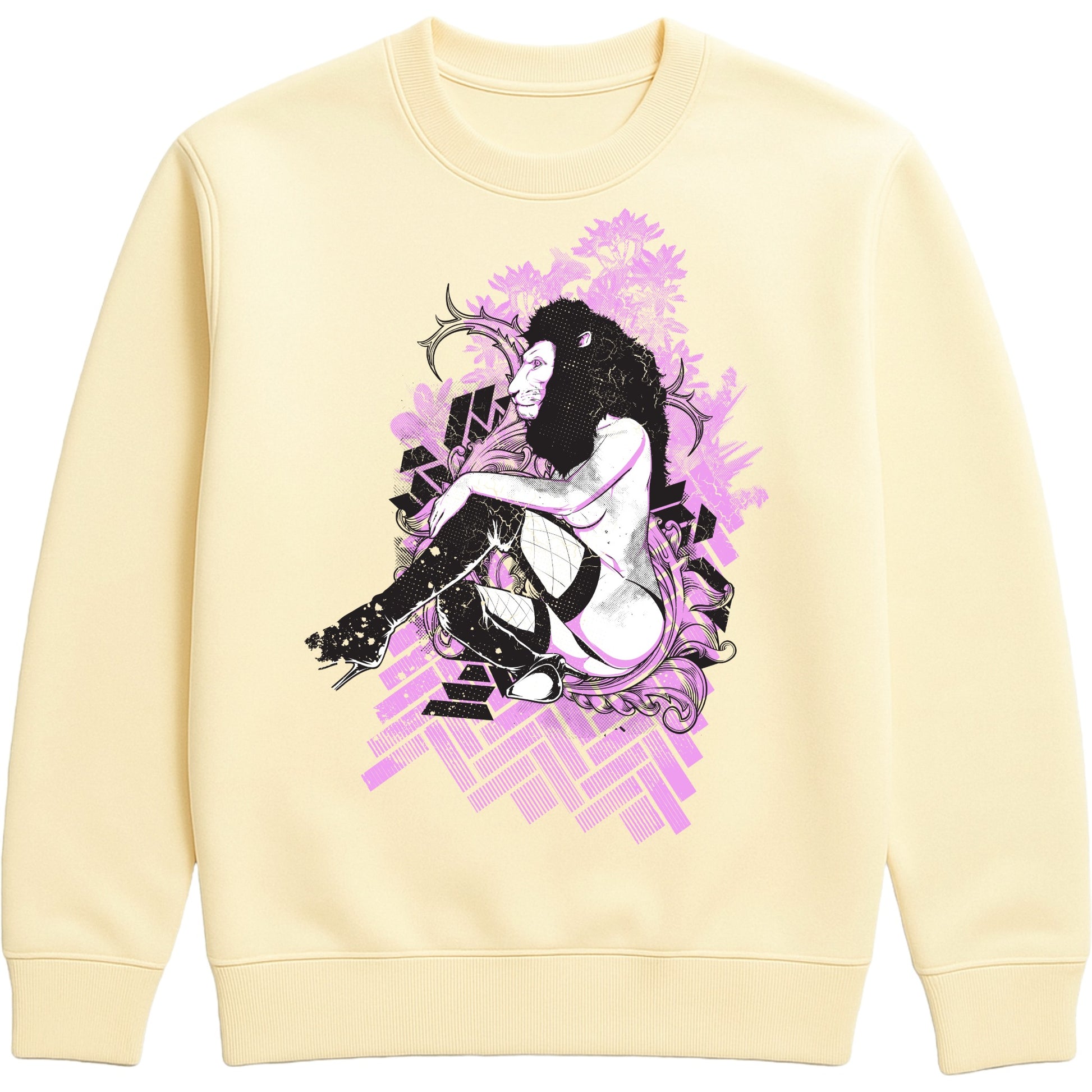 Lioness Fantasy Graphic Sweatshirt featuring bold lioness artwork, fantasy art illustration, pink streetwear design, and alternative fashion on a vanilla milkshake colour unisex sweatshirt. 
