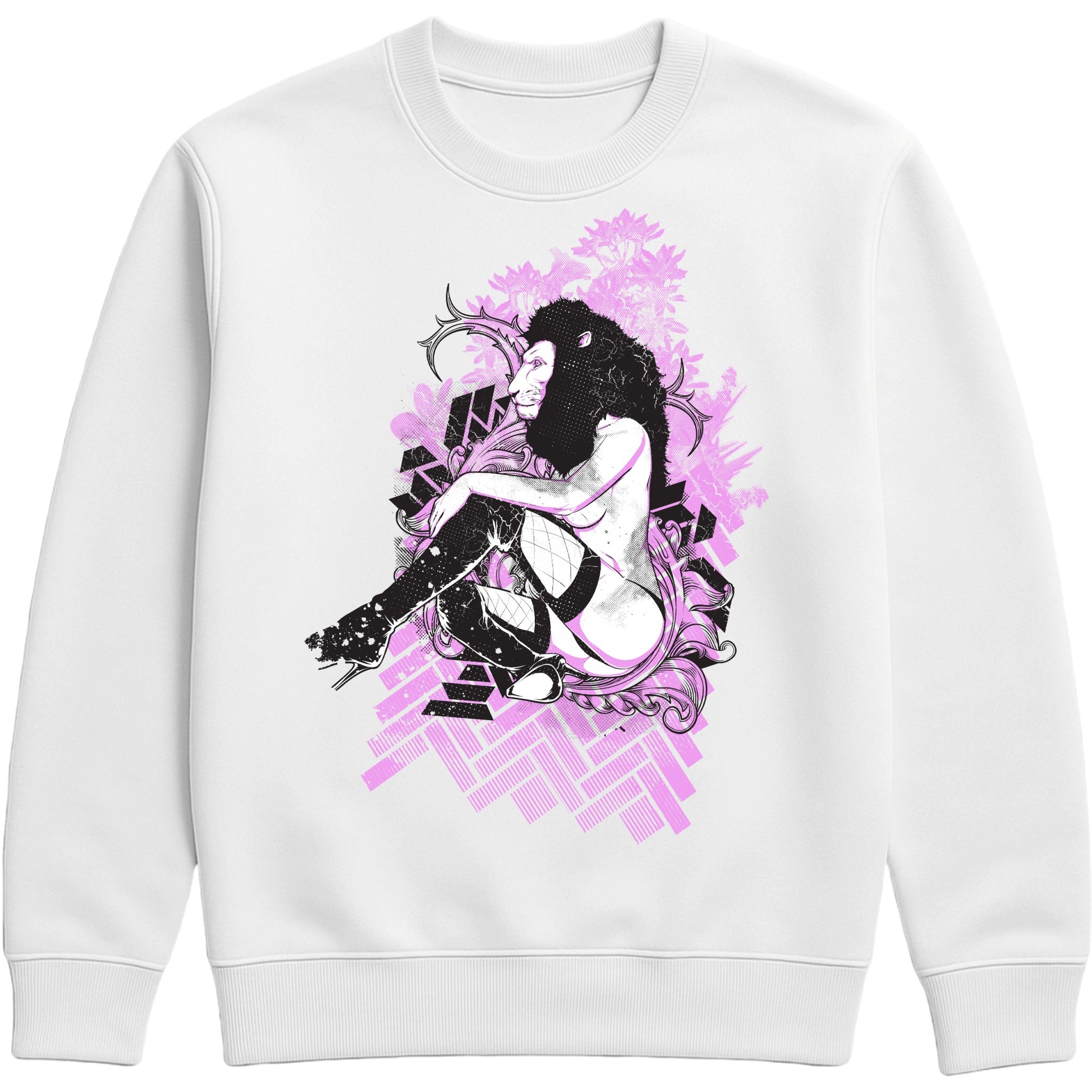 Lioness Fantasy Graphic Sweatshirt featuring bold lioness artwork, fantasy art illustration, pink streetwear design, and alternative fashion on a white unisex sweatshirt.