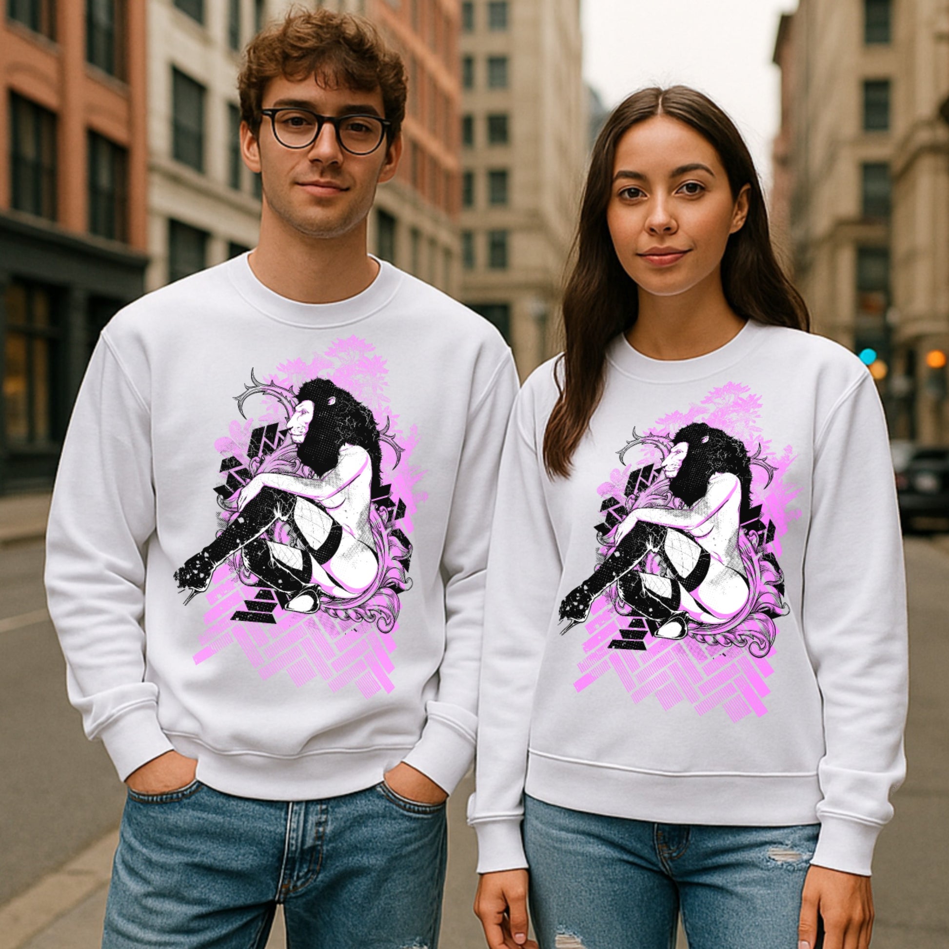 Two people wearing white sweatshirts with a graphic design on a city street.