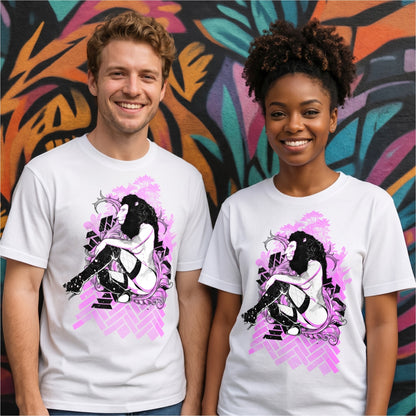 Male and female models wearing the Lioness Fantasy Graphic T-Shirt featuring bold pink and black fantasy artwork, artistic streetwear design, and alternative fashion graphic print on white unisex t-shirts.