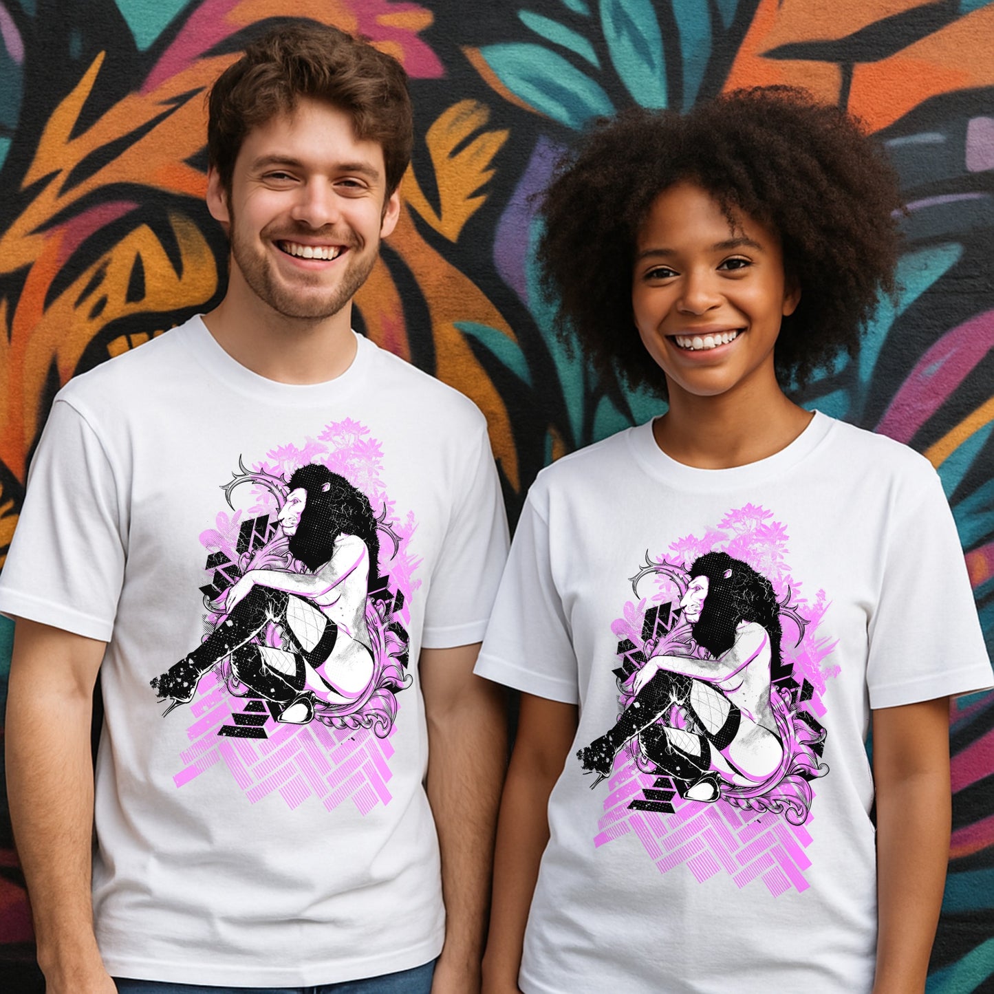 Two people wearing t-shirts with a graphic design of a woman in a sitting pose against a colorful mural background.