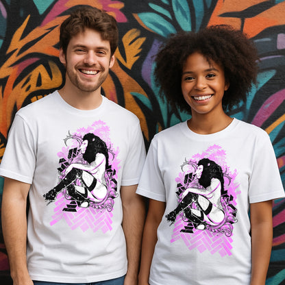 Two people wearing t-shirts with a graphic design of a woman in a sitting pose against a colorful mural background.