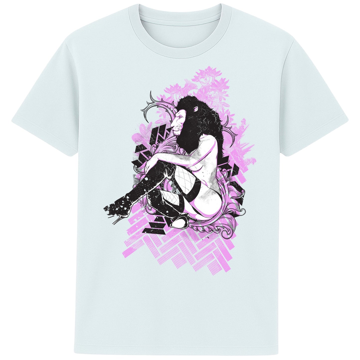 Blue Ice colour unisex Lioness Fantasy Graphic Tee with bold lion head and femme body artwork, perfect for streetwear and festival fashion