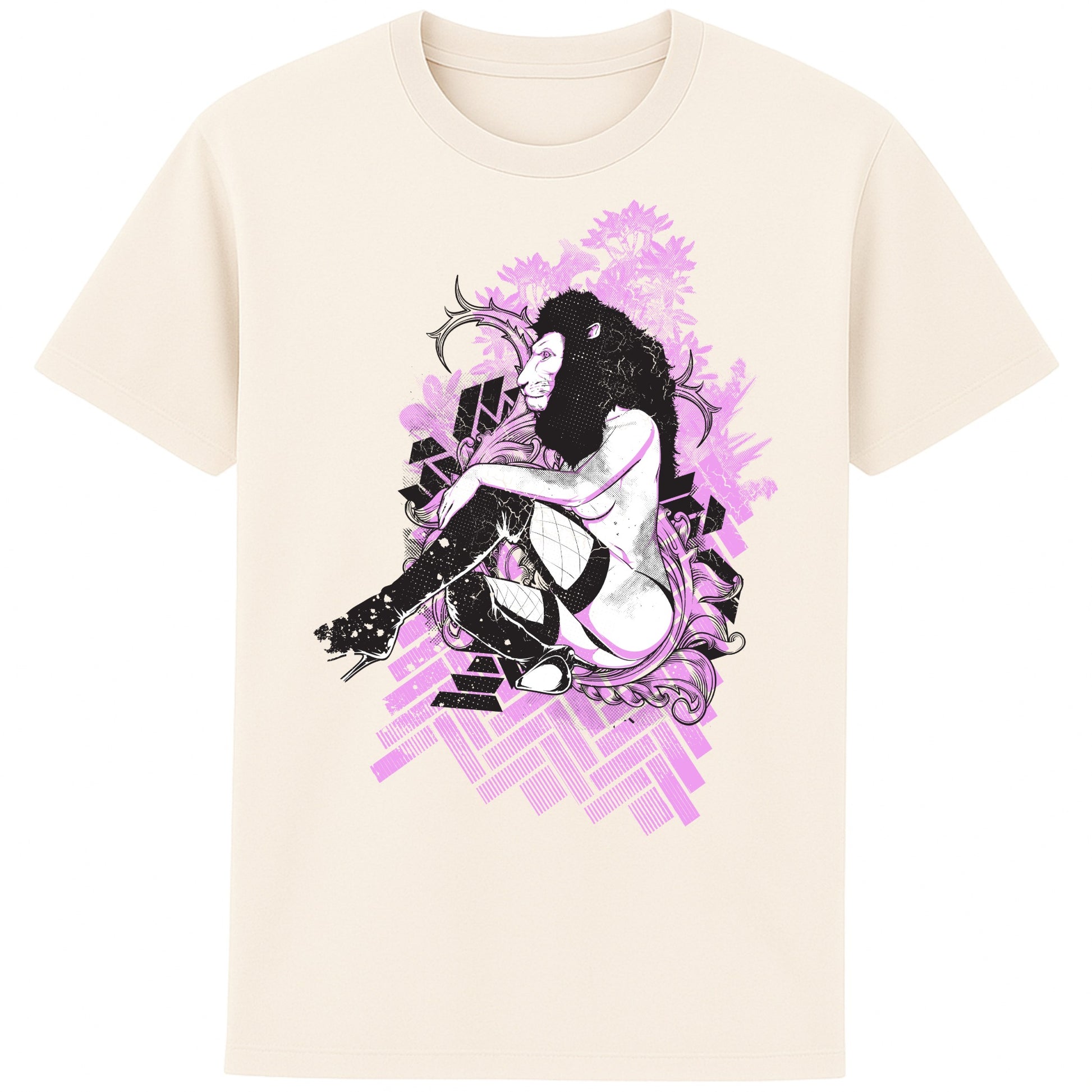 Naturel Colour unisex Lioness Fantasy Graphic Tee with bold lion head and femme body artwork, perfect for streetwear and festival fashion