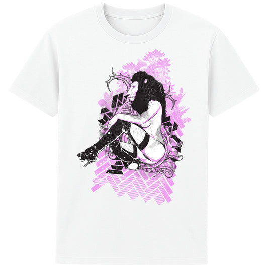 White unisex Lioness Fantasy Graphic Tee with bold lion head and femme body artwork, perfect for streetwear and festival fashion