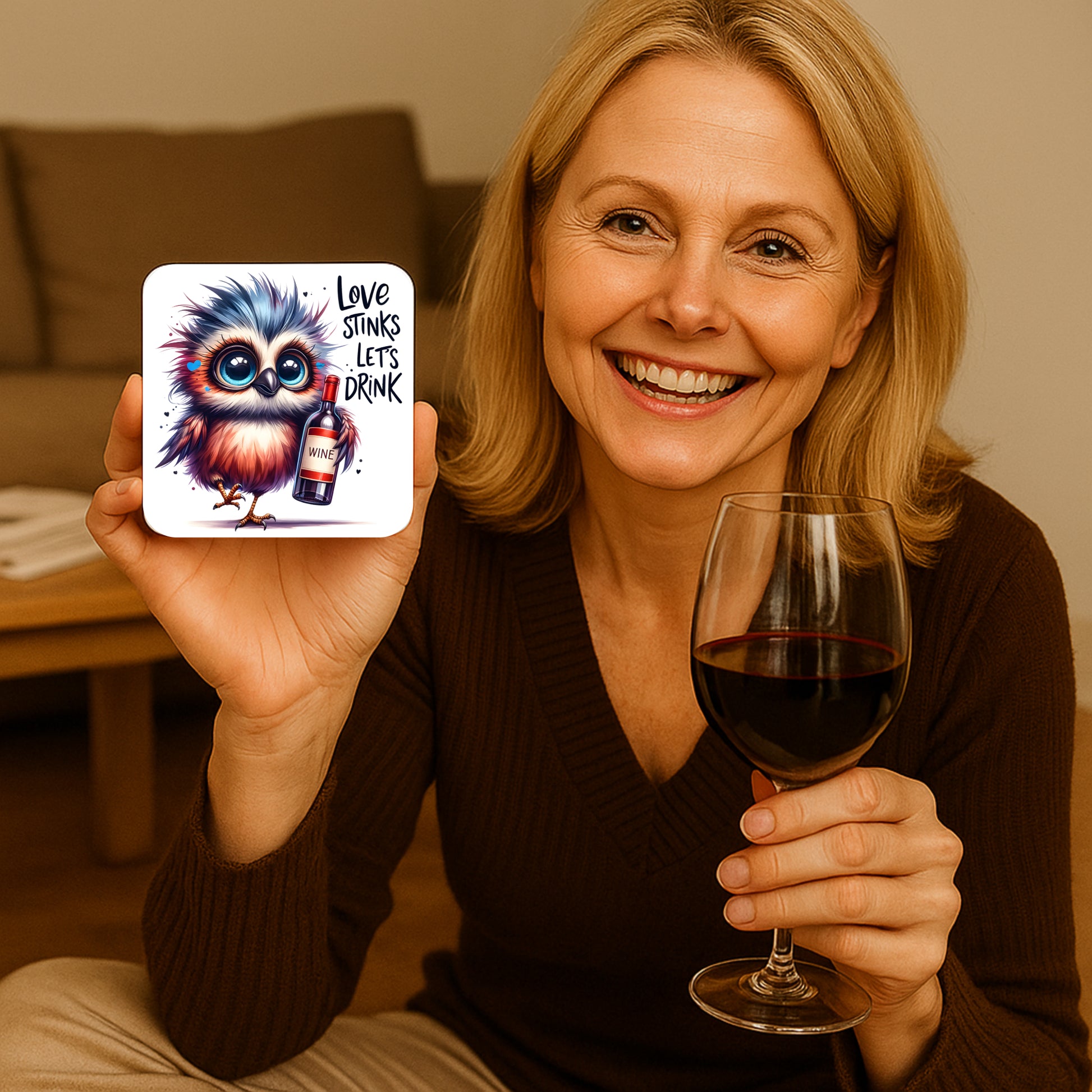 a woman holding a funny coaster featuring a colourful, wide-eyed cartoon owl with blue and orange feathers holds a bottle of wine. The coaster features the playful phrase 'Love stinks, let's drink' in bold, black lettering. The background is white, with small heart accents around the owl.
