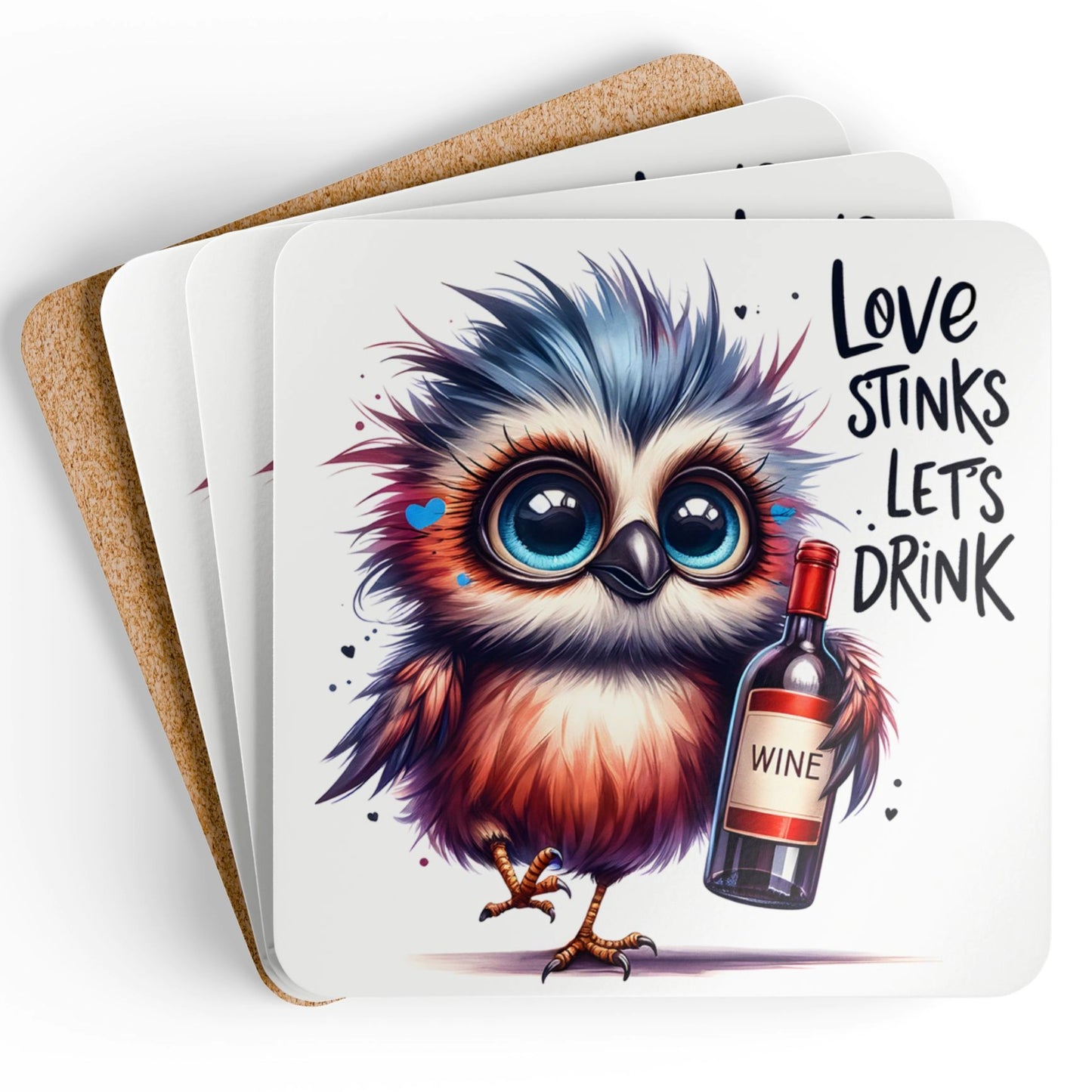 Funny Coaster set of four featuring a colourful, wide-eyed cartoon owl with blue and orange feathers holds a bottle of wine. The coaster features the playful phrase 'Love stinks, let's drink' in bold, black lettering. The background is white, with small heart accents around the owl.
