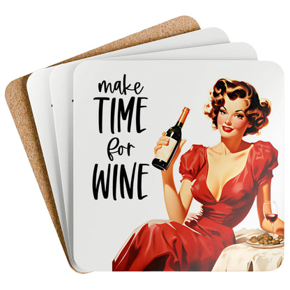 Retro-style drink coaster set of four featuring a glamorous vintage woman in a red dress holding a wine bottle with the phrase ‘Make Time for Wine’ in bold white text.”