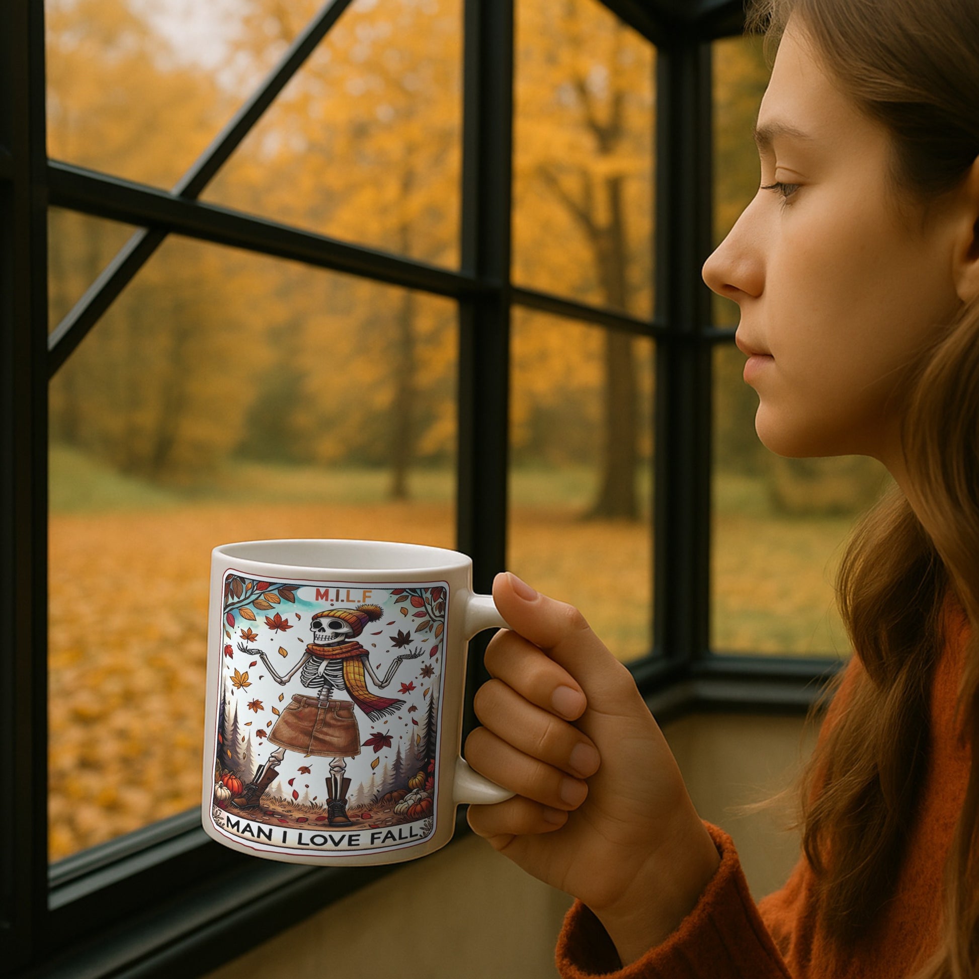 Person holding a mug with a fall-themed design, looking out a window at autumn foliage