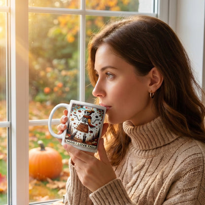 Woman holding a Man I Love Fall coffee mug featuring a skeleton and autumn leaves design, perfect for pumpkin spice season, cosy mornings, and autumn lovers