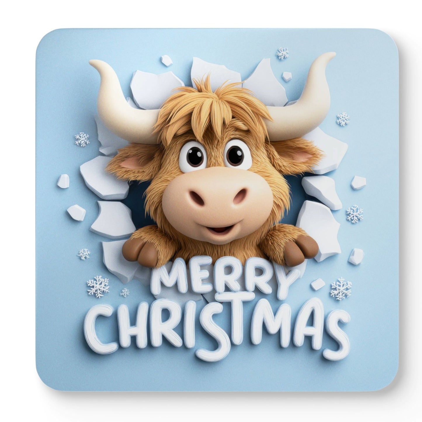 Merry Christmas Highland cow coaster featuring a cute fluffy Highland cow breaking through snowy ice, perfect for festive farmhouse Christmas décor, holiday tables, and cosy winter homes.