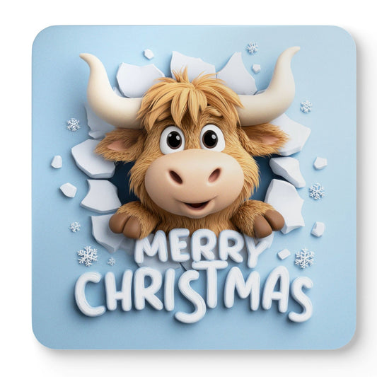 Merry Christmas Highland cow coaster featuring a cute fluffy Highland cow breaking through snowy ice, perfect for festive farmhouse Christmas décor, holiday tables, and cosy winter homes.