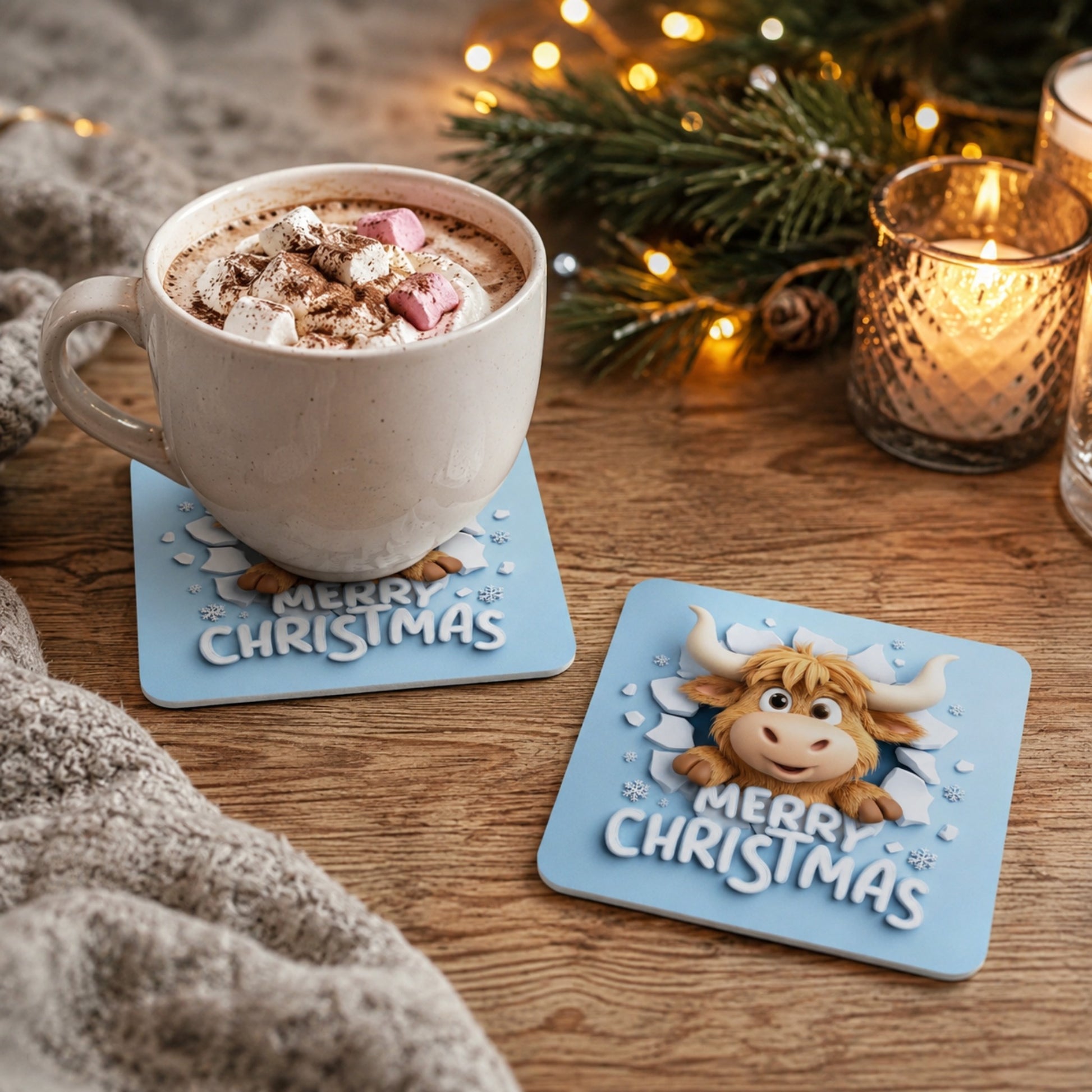 Lifestyle mockup of a Merry Christmas Highland Cow Coaster beneath a mug of hot chocolate with marshmallows on a rustic wooden table, alongside a matching coaster, surrounded by twinkling Christmas lights and festive décor.