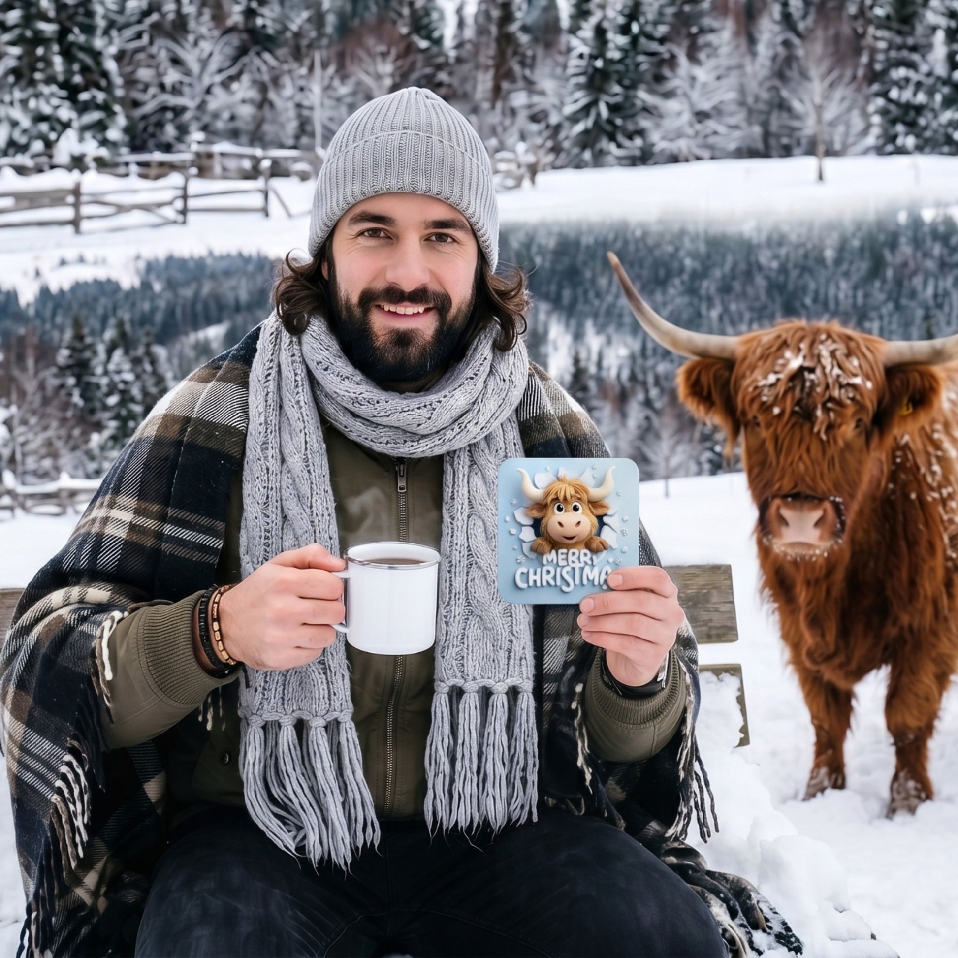 Lifestyle mockup of a man enjoying a hot drink in a snowy winter setting while holding a Merry Christmas Highland Cow Coaster, with a real Highland cow beside him, showcasing festive farmhouse Christmas décor.