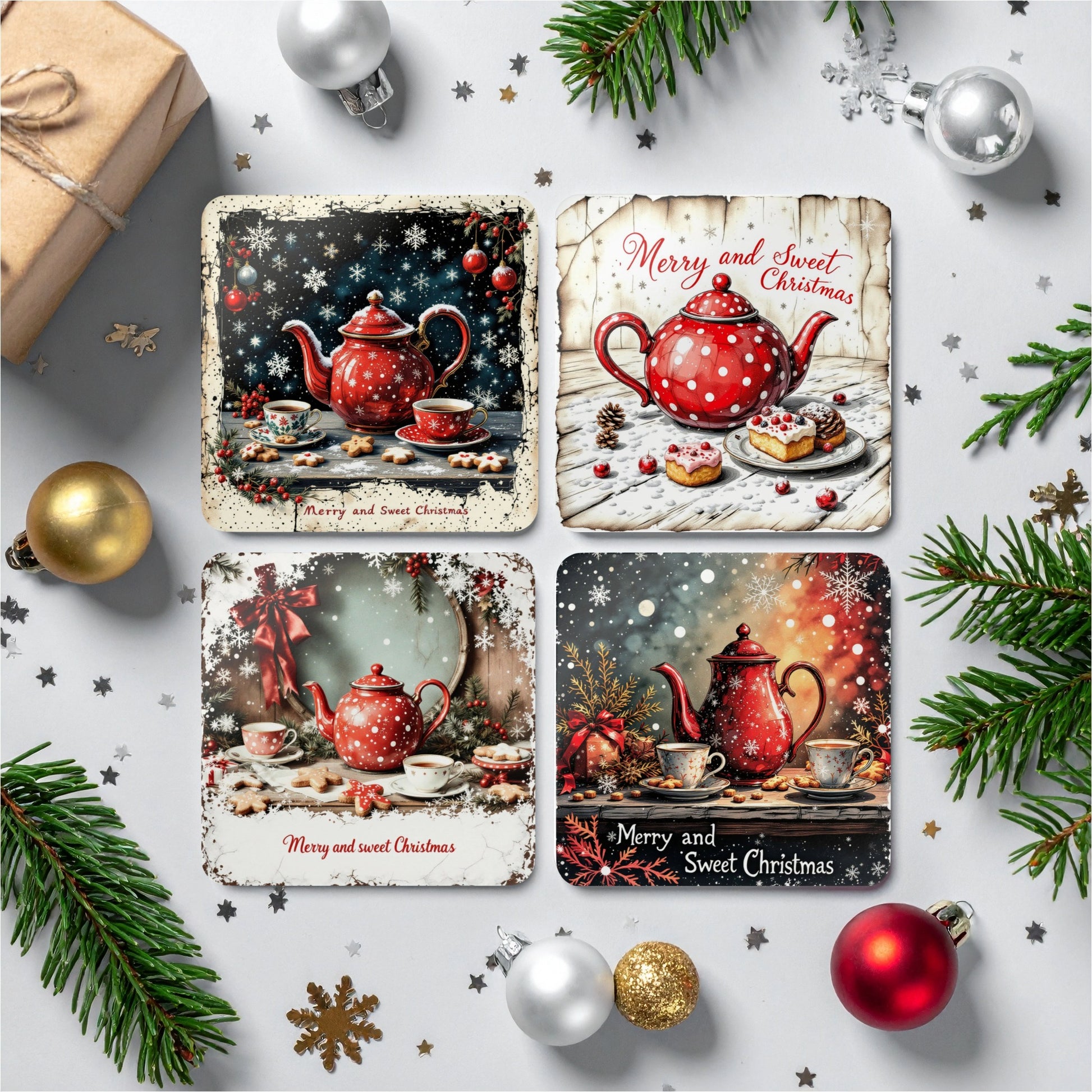 Lifestyle mockup of a mixed set of four Merry & Sweet Christmas cork-backed coasters featuring festive red teapots, teacups, snowflakes, and Christmas decorations surrounded by pine branches and baubles.
