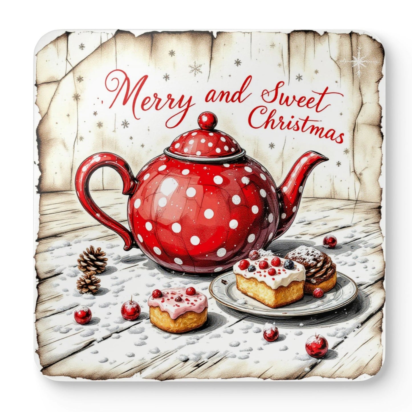 Mixed set of four Merry & Sweet Christmas cork-backed coasters featuring vintage festive teapots, teacups, cookies, holly, berries, and snowflakes for Christmas home decor and cosy holiday gatherings.