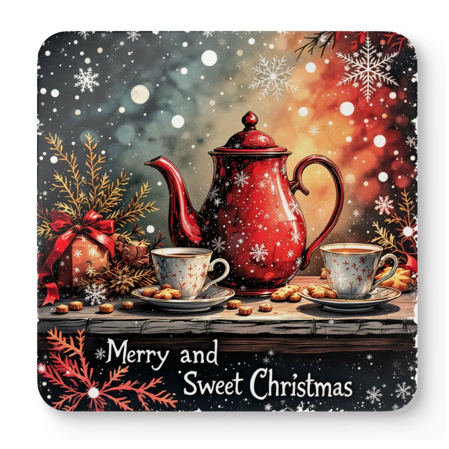 Mixed set of four Merry & Sweet Christmas cork-backed coasters featuring vintage festive teapots, teacups, cookies, holly, berries, and snowflakes for Christmas home decor and cosy holiday gatherings.