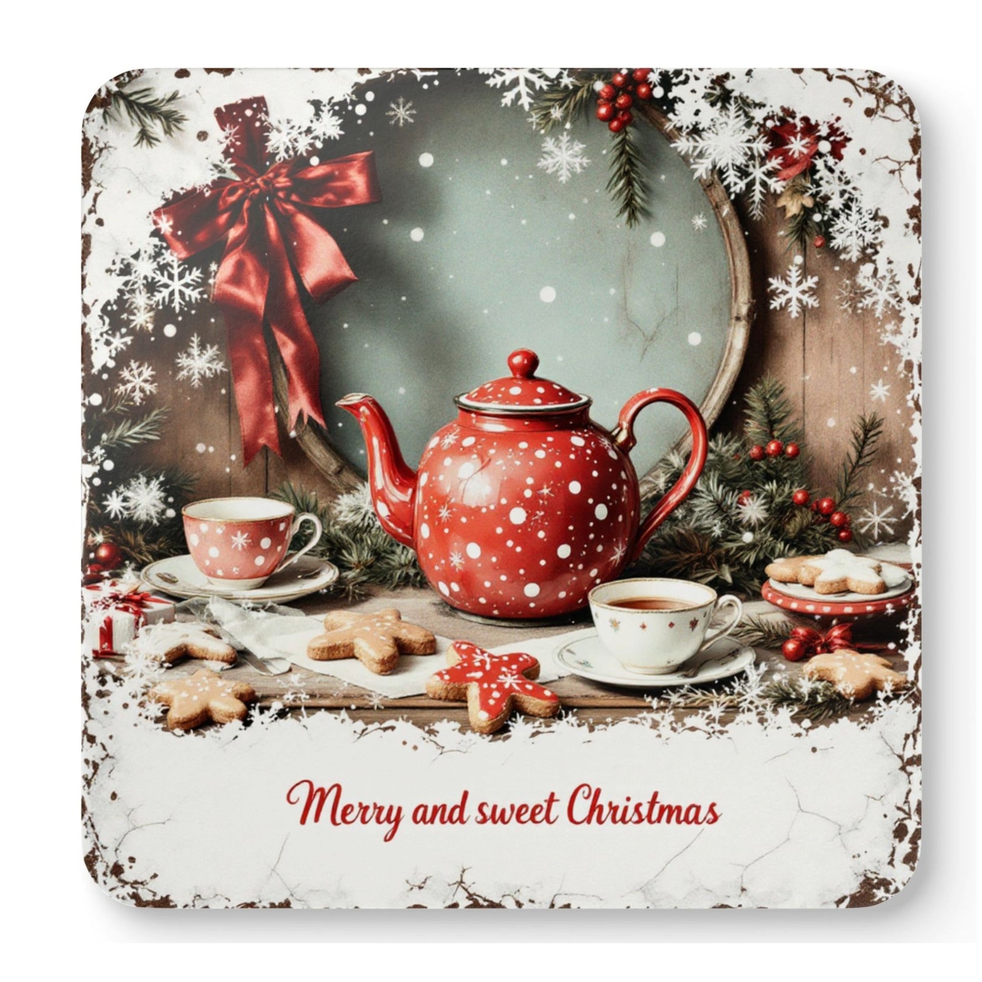 Mixed set of four Merry & Sweet Christmas cork-backed coasters featuring vintage festive teapots, teacups, cookies, holly, berries, and snowflakes for Christmas home decor and cosy holiday gatherings.