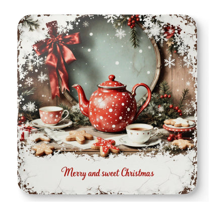Mixed set of four Merry & Sweet Christmas cork-backed coasters featuring vintage festive teapots, teacups, cookies, holly, berries, and snowflakes for Christmas home decor and cosy holiday gatherings.