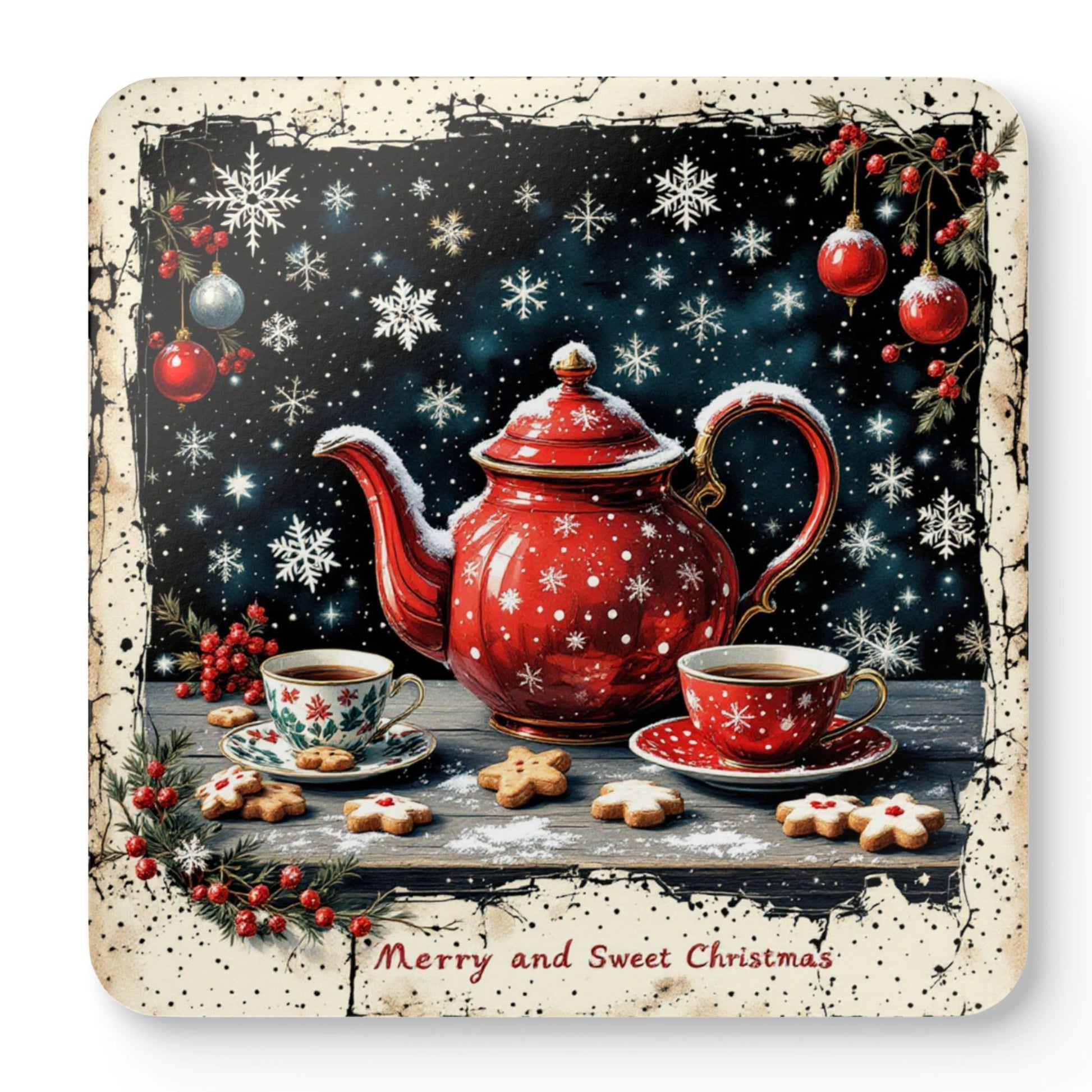 Mixed set of four Merry & Sweet Christmas cork-backed coasters featuring vintage festive teapots, teacups, cookies, holly, berries, and snowflakes for Christmas home decor and cosy holiday gatherings.