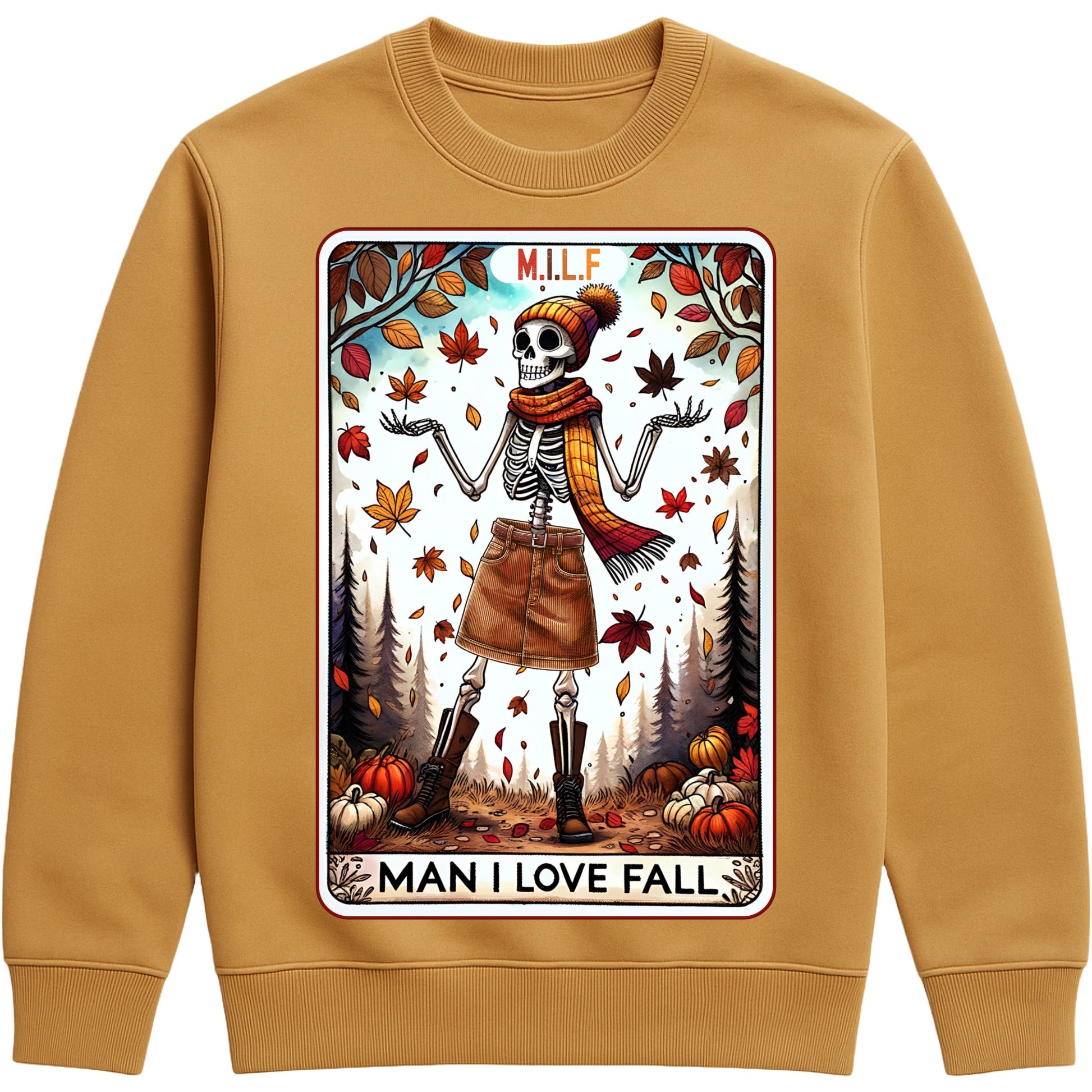 Funny autumn caramel latte colour sweatshirt featuring a smiling skeleton surrounded by pumpkins and fall leaves with the phrase "MILF Man I Love Fall", perfect for pumpkin patch trips, Halloween season, and autumn lovers