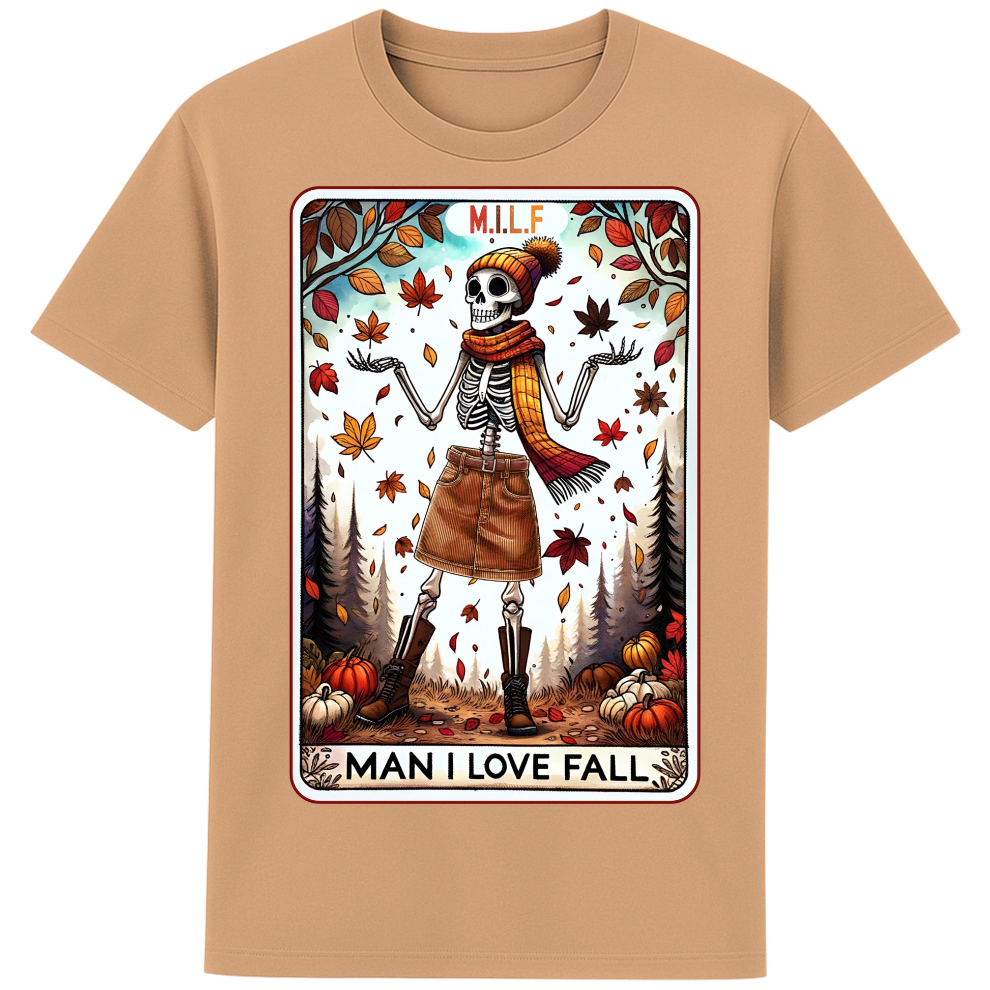 A latte colour graphic t-shirt featuring a stylish skeleton in fall attire with the phrase “M.I.L.F. – Man I Love Fall,” surrounded by autumn leaves and pumpkins.