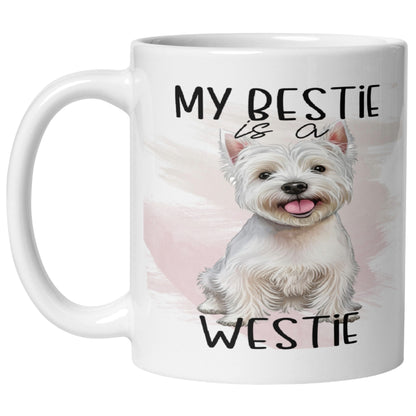 My Bestie Is A Westie Mug featuring a cute smiling West Highland White Terrier illustration, perfect as a Westie coffee mug, dog lover gift, and West Highland White Terrier gift.