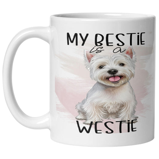 My Bestie Is A Westie Mug featuring a cute smiling West Highland White Terrier illustration, perfect as a Westie coffee mug, dog lover gift, and West Highland White Terrier gift.