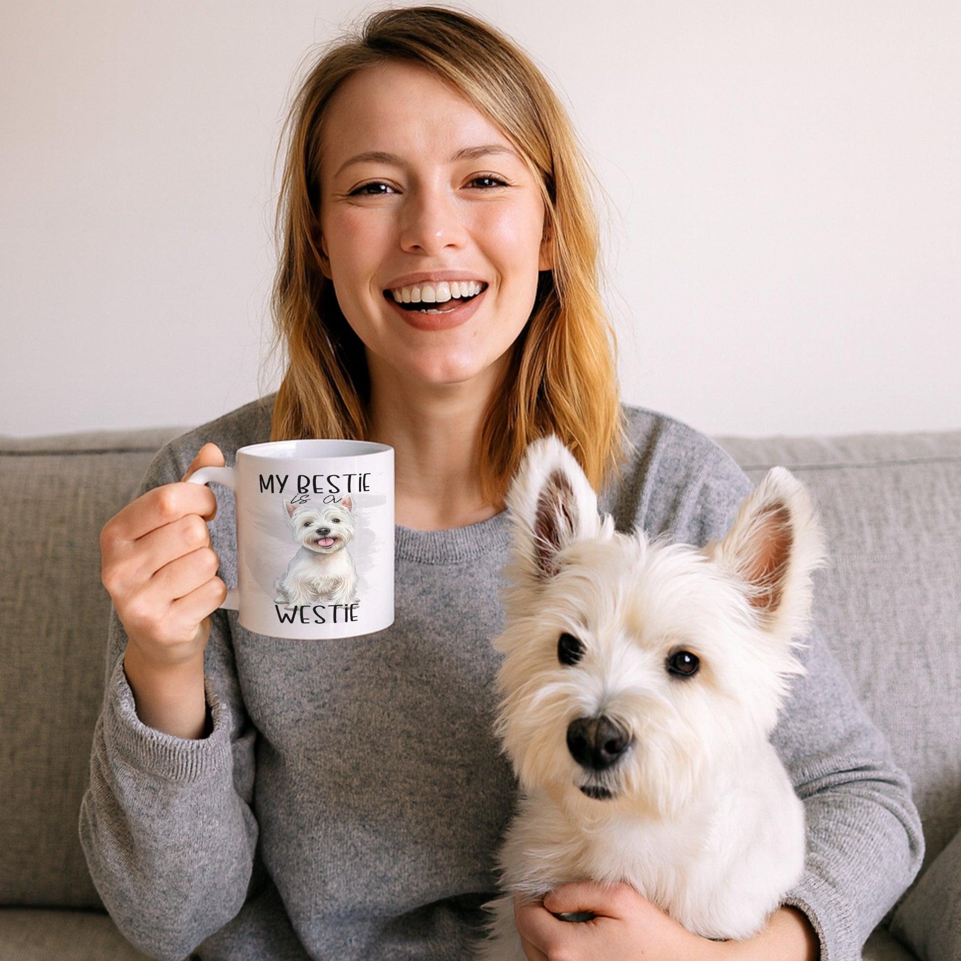 A woman with Adorable West Highland Terrier gift mug with playful design – styled for coffee, tea, or hot cocoa moments full of warmth and Westie love.
